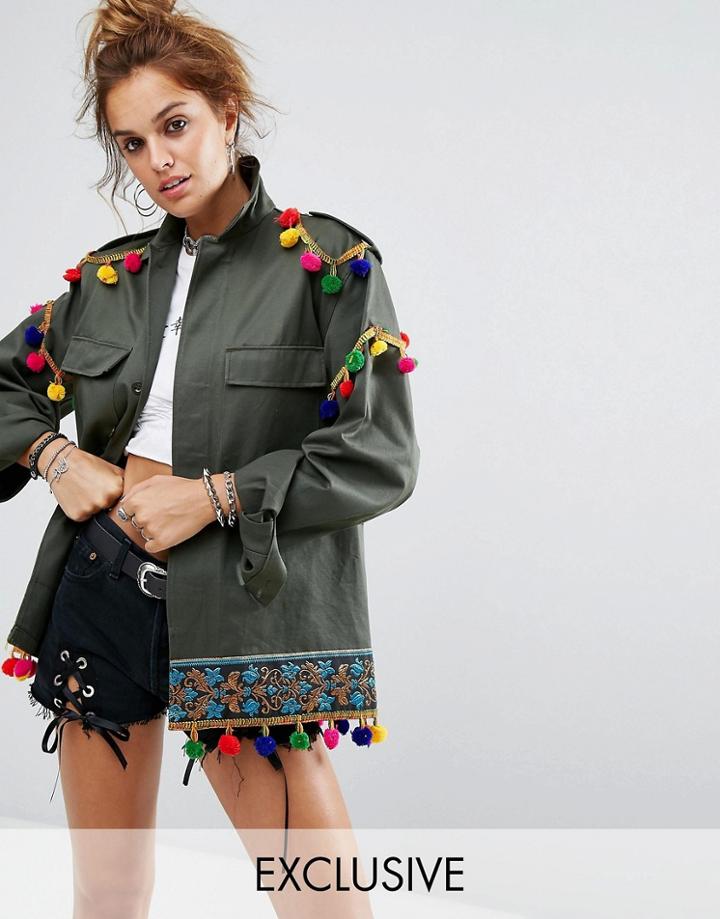 Reclaimed Vintage Revived Embellished Festival Military Jacket - Green