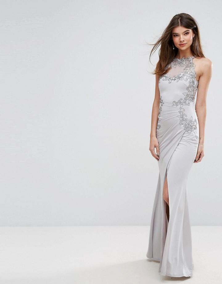 Lipsy High Neck Lace Applique Maxi Dress - Silver