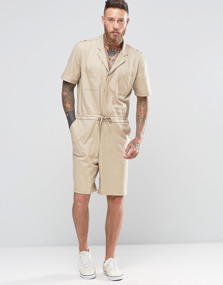 Asos Slim Short Boiler Suit With Military Styling In Stone - Stone