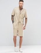 Asos Slim Short Boiler Suit With Military Styling In Stone - Stone