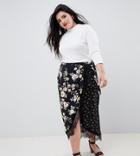 Asos Design Curve Mixed Ditsy Floral Wrap Midi Skirt With Lace Trim - Multi