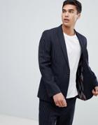 Asos Design Slim Suit Jacket In Navy Wool Blend Pinstripe - Navy