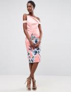 Asos Print Pink Floral Asymmetric Placement Bardot Midi Dress - Pink