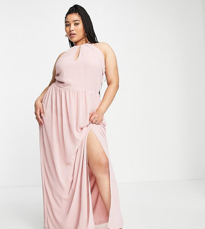 Tfnc Plus Bridesmaid Strappy Back Halter Neck Dress In Dusty Pink-orange