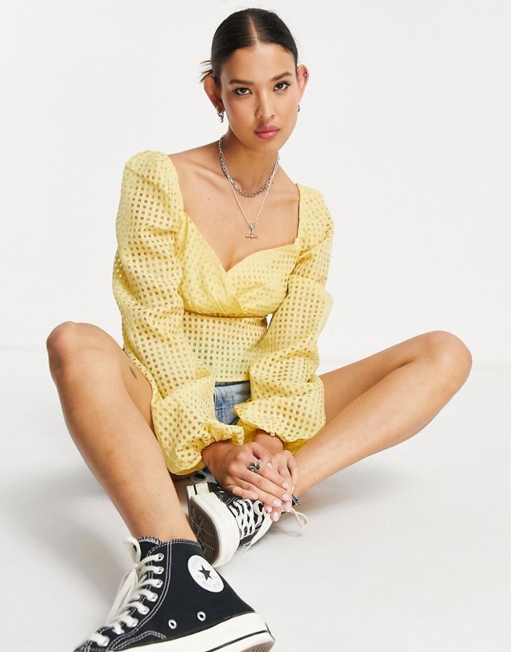 Only Puff Sleeve Cropped Blouse In Yellow Check