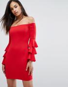 Club L Bardot Mini Dress With Exaggerated Layered Sleeve Detail