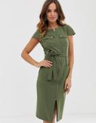 Lipsy Utility Tie Waist Midi Dress In Khaki-green