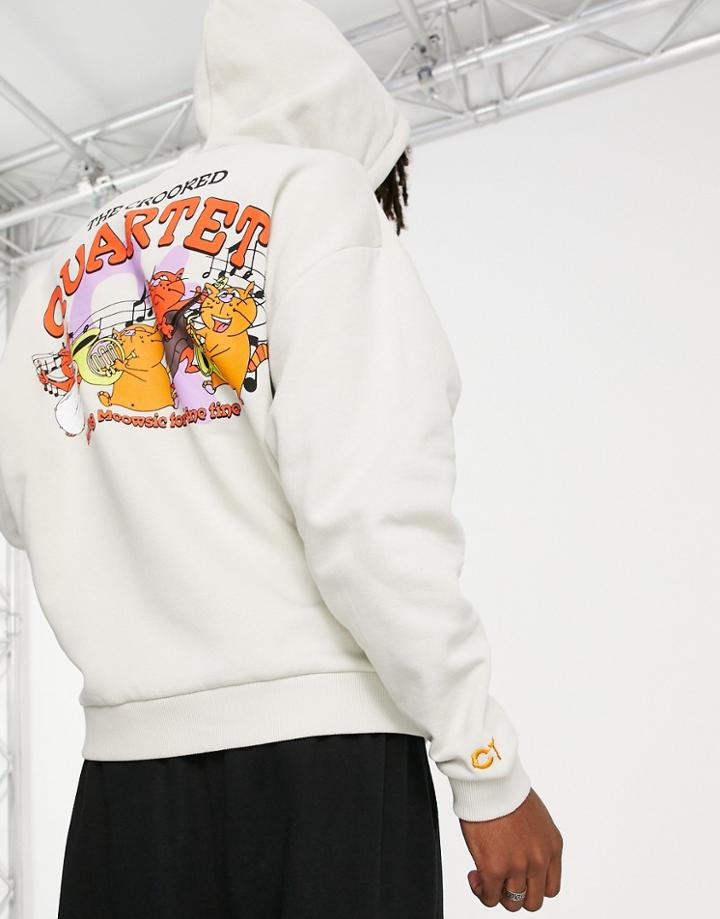 Crooked Tongues Hoodie With Cat Music Print In Cream-grey