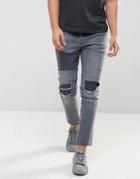 Asos Super Skinny Jeans In Gray Biker With Rip And Repair Detail - Gray