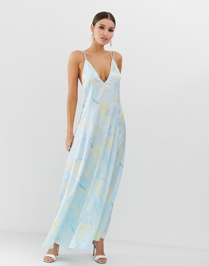 Asos Design Trapeze Maxi Dress In Satin Marble Print - Multi