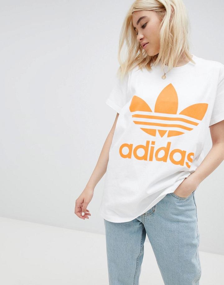 Adidas Originals Orange Trefoil Logo T-shirt In White - Multi