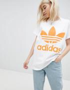 Adidas Originals Orange Trefoil Logo T-shirt In White - Multi