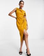 Asos Design Fallen One Shoulder Gathered Midi Pencil Dress With Wrap In Mustard-yellow