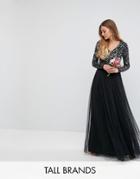 Maya Tall Plunge Front Long Sleeve Maxi Dress In Tonal Delicate Sequin And Tulle Skirt - Black