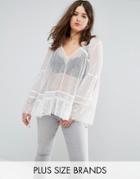 Religion Plus Sheer Lace Prairie Blouse With Frill Sleeve And Hem - White