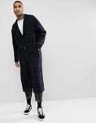 Asos Wool Mix Long Lined Overcoat In Navy Check - Navy