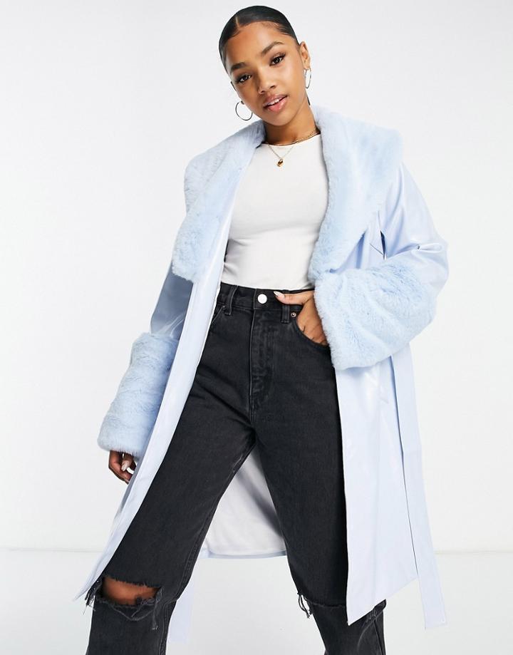 Jayley Faux Fur Trim Tie Waist Midi Coat In Baby Blue
