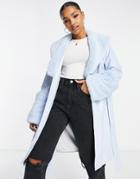 Jayley Faux Fur Trim Tie Waist Midi Coat In Baby Blue