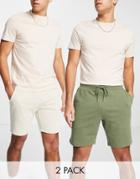 Asos Design Jersey Slim Shorts In Khaki Green/beige-multi