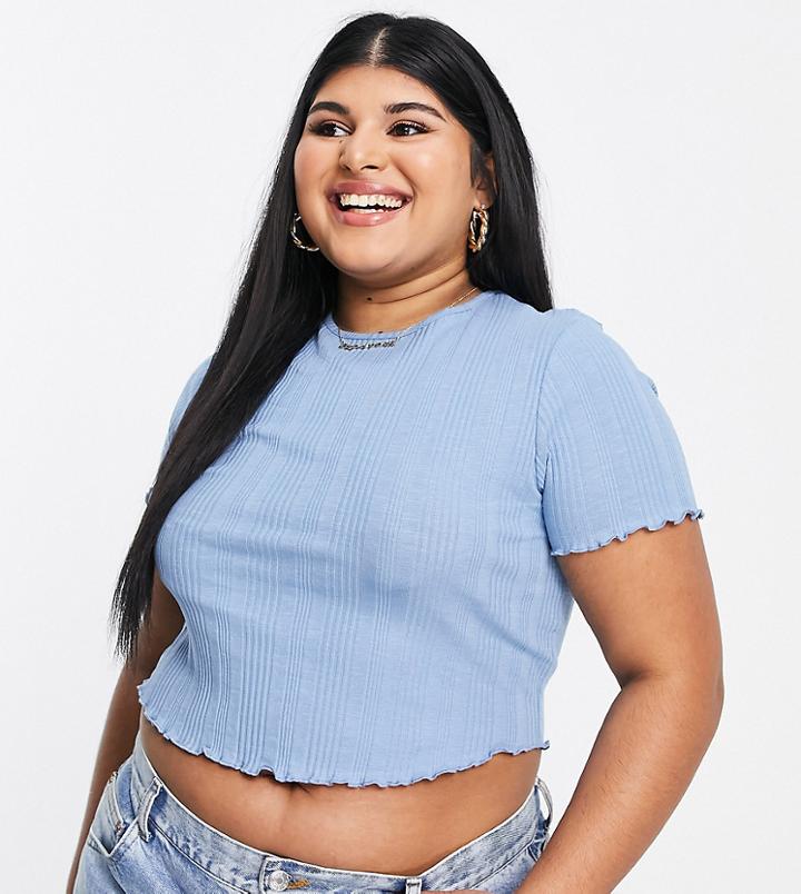 Asos Design Curve Slim Fit T-shirt With Lettuce Edge In Mixed Rib In Blue