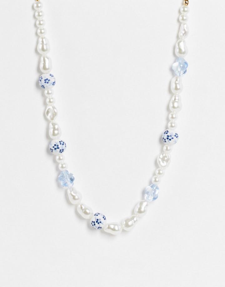 Topshop Bead And Faux Pearl Bead Necklace In Blue And White-multi