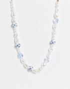 Topshop Bead And Faux Pearl Bead Necklace In Blue And White-multi