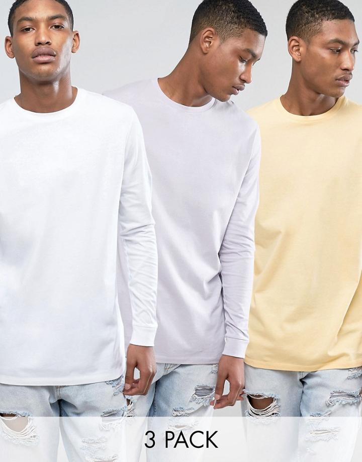 Asos 3 Pack Longline Long Sleeve T-shirt In Yellow/purple/white Save - Multi
