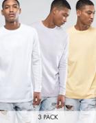 Asos 3 Pack Longline Long Sleeve T-shirt In Yellow/purple/white Save - Multi