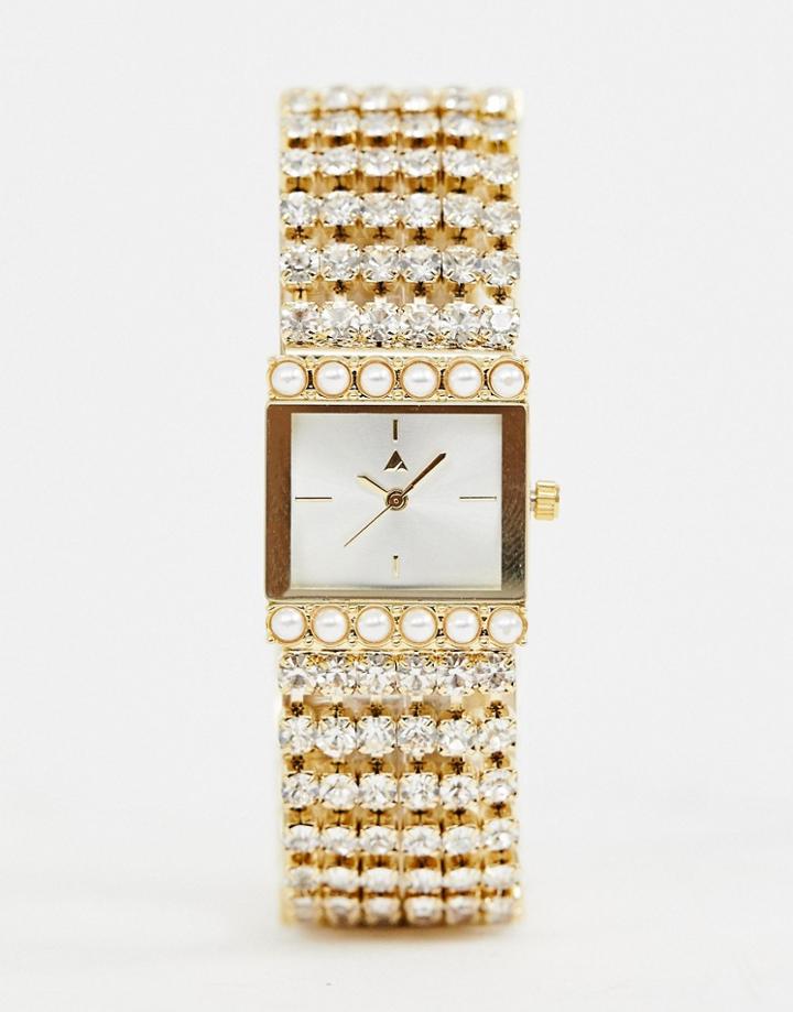 Asos Design Watch In Vintage Style Design With Jewel And Pearl Strap - Gold