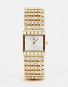 Asos Design Watch In Vintage Style Design With Jewel And Pearl Strap - Gold