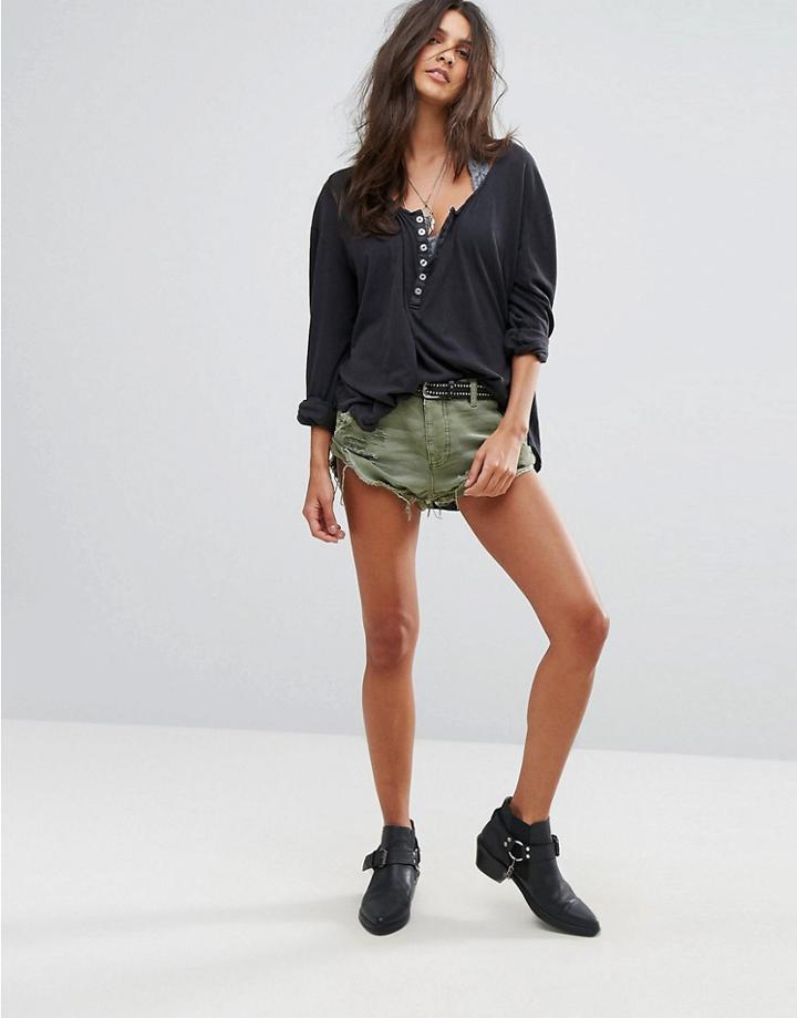One Teaspoon Roll Hem Military Denim Shorts - Green