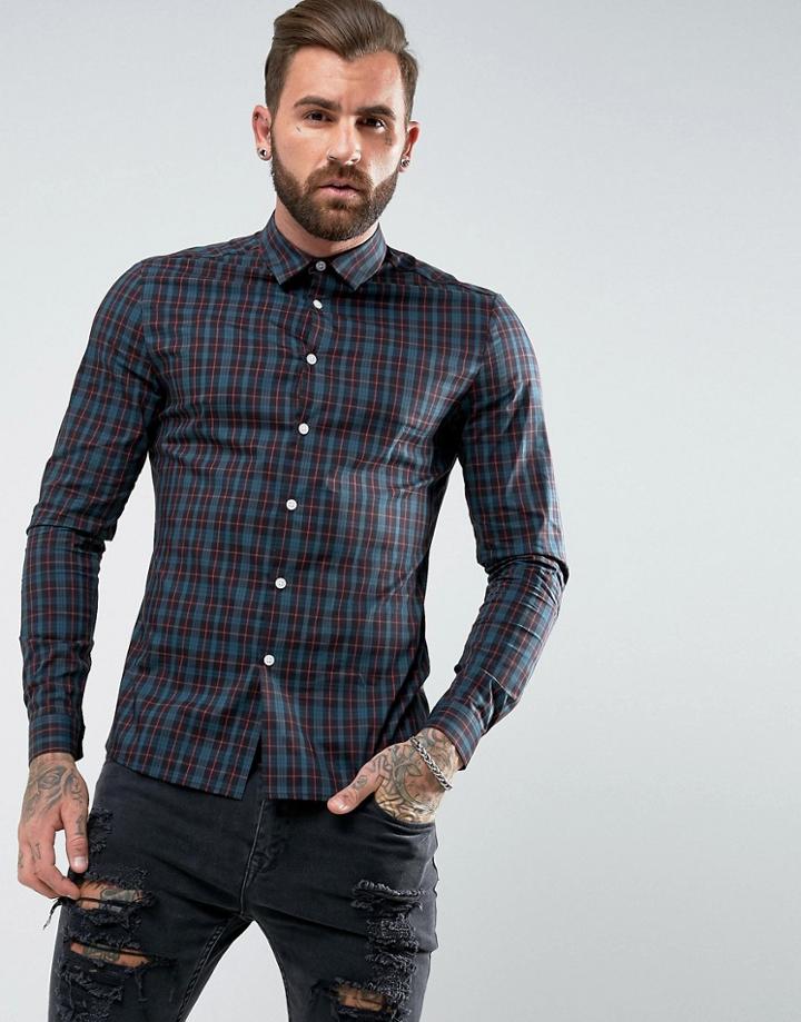 Asos Skinny Fit Check Shirt In Navy - Navy