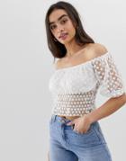 Asos Design Embroidered Floral Mesh Bardot Top With Shirred Waist - White