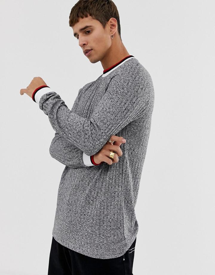 Asos Design Long Sleeve T-shirt In Interest Rib With Contrast Tipping - Gray