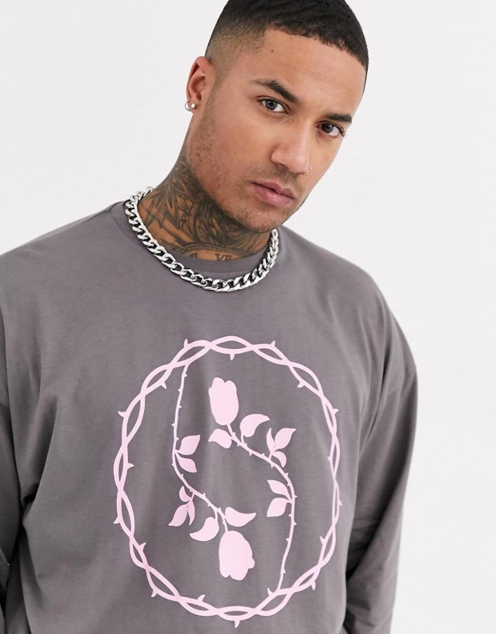 Asos Design Oversized Long Sleeve T-shirt With Rose Thorn Print-gray