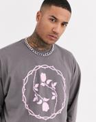 Asos Design Oversized Long Sleeve T-shirt With Rose Thorn Print-gray