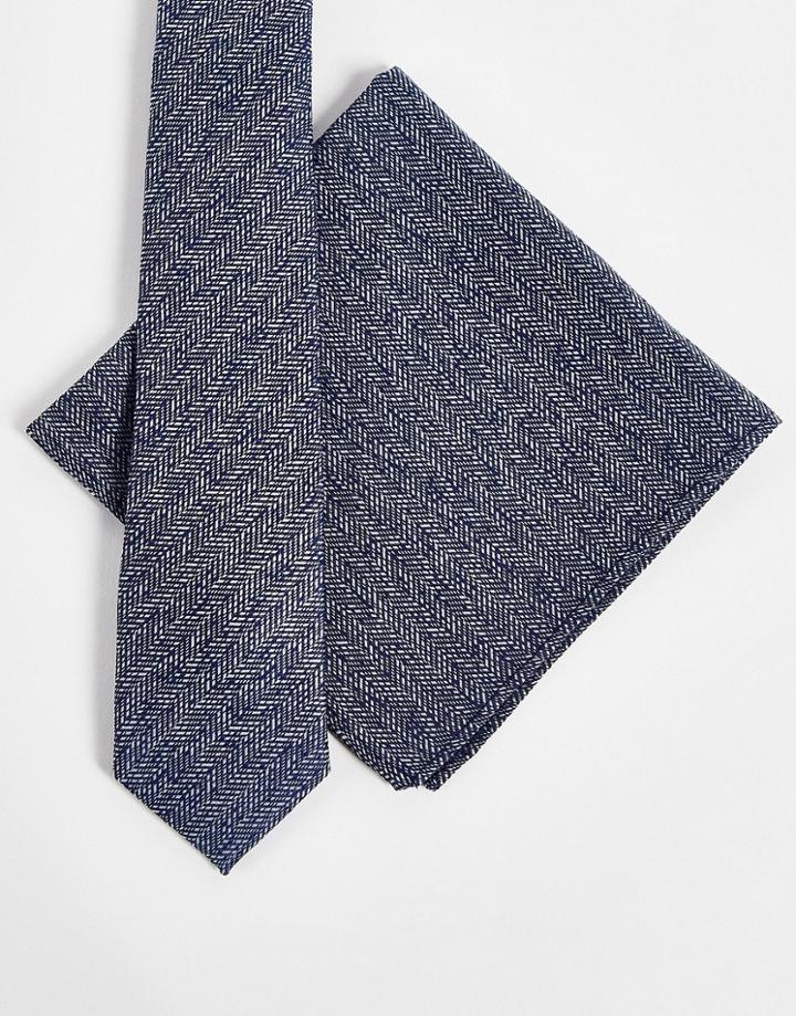 Asos Design Slim Tie In With Texture And Matching Pocket Square In Navy