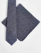 Asos Design Slim Tie In With Texture And Matching Pocket Square In Navy