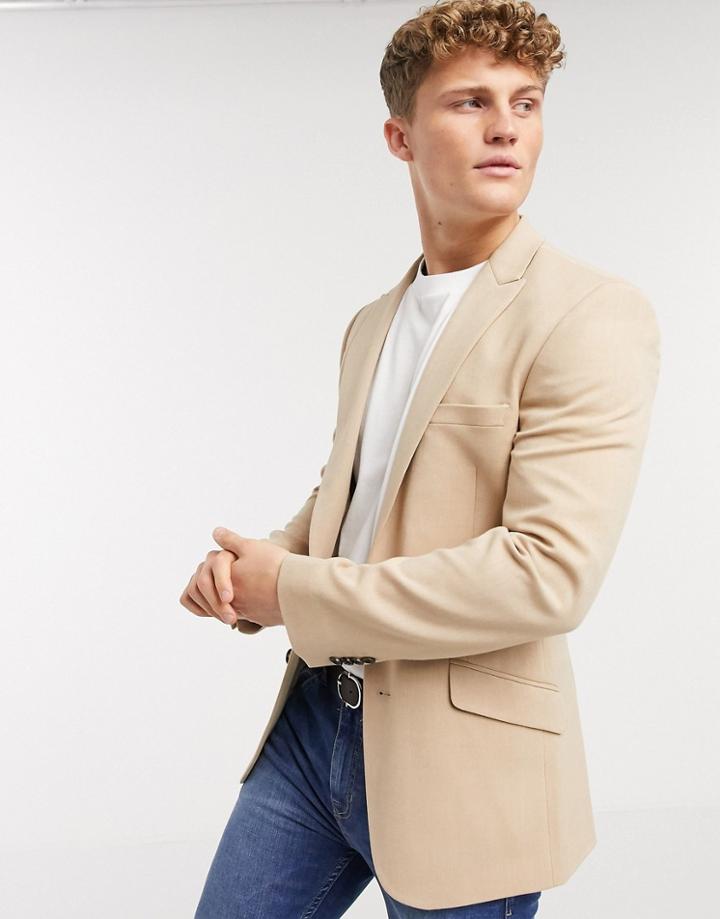 Asos Design Skinny Blazer In Camel Oxford-neutral