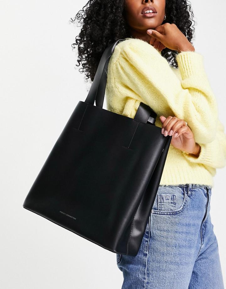 French Connection Faux Leather Tote Bag With Pouch In Black