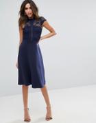 Asos High Neck Midi Skater Dress With Lace Top - Navy