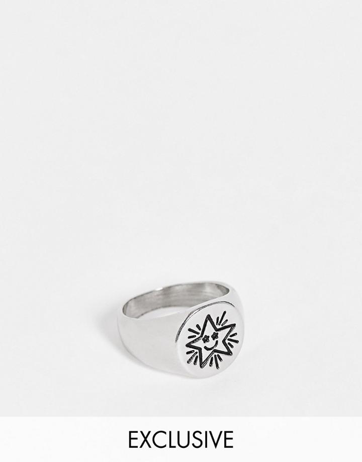 Reclaimed Vintage Inspired Happy Face Star Signet Ring In Silver