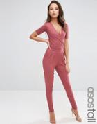 Asos Tall Wrap Front Jersey Jumpsuit With Short Sleeve - Rose