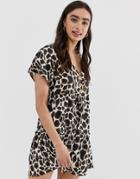 Influence Smock Dress With Button Down Front In Giraffe Print-multi