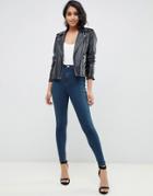 Asos Design Rivington High Waisted Jeggings In Dark Stonewash Blue With Red Contrast Stitch