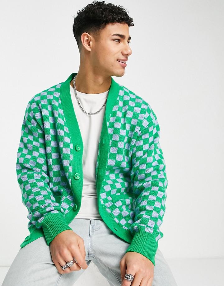 Jack & Jones Originals Jacquard Checkerboard Print Cardigan In Green