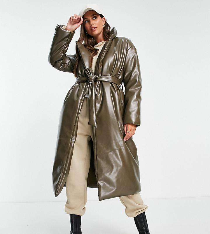 Asos Design Tall Faux Leather Longline Padded Coat With Belt In Brown