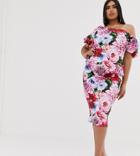 Asos Design Curve Bubble Sleeve Floral Bodycon Midi Dress-black