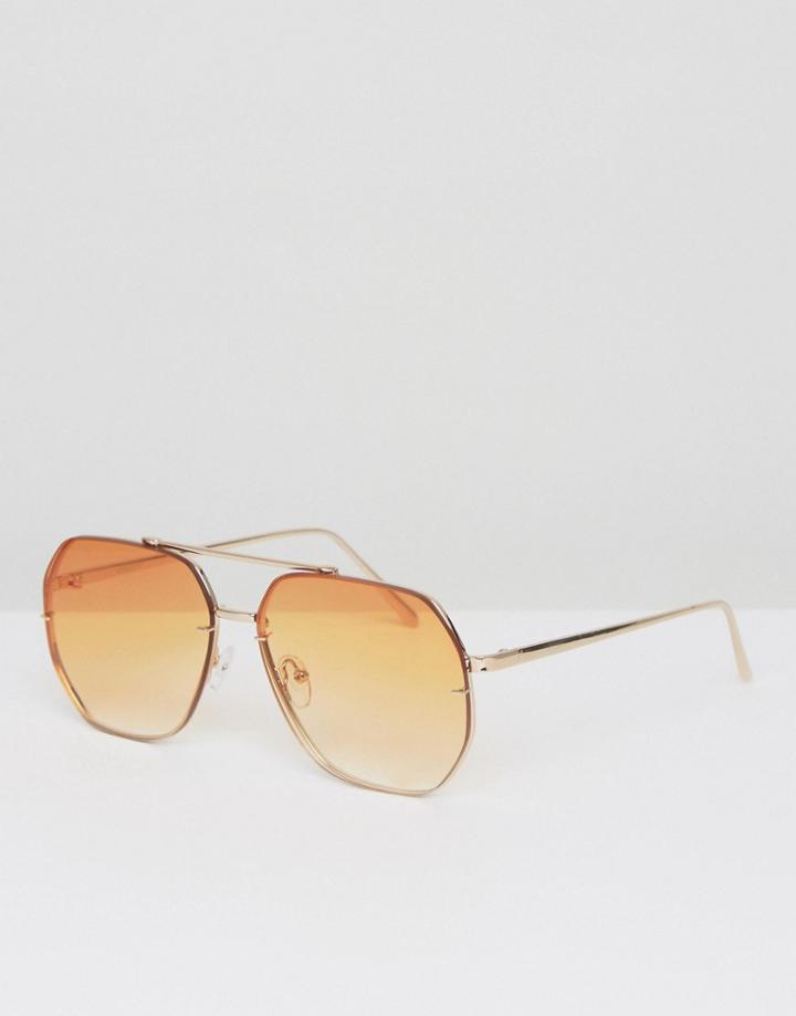 Asos Aviator Sunglasses In Gold Metal With Orange Lens - Orange