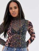 Asos Design Mesh Top In Floral And Tie Dye With Contrast Seams